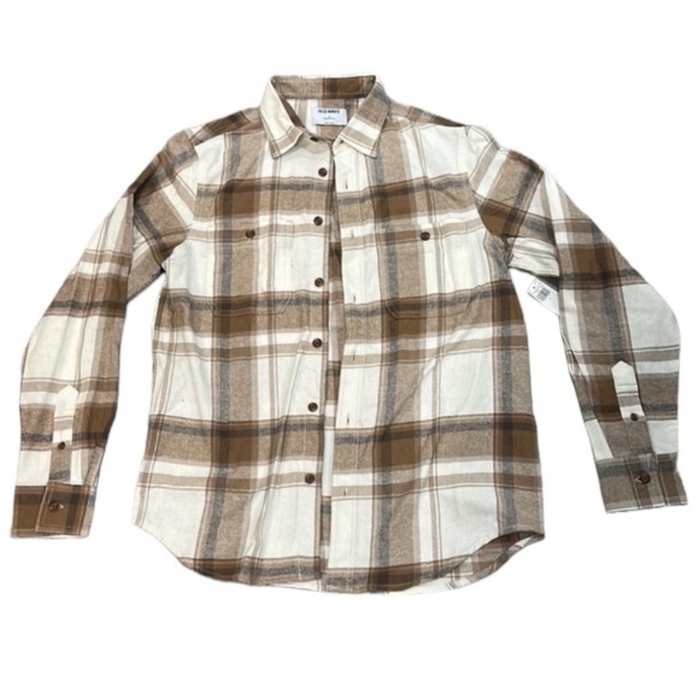 Flannel Plaid Button Down Long Sleeve Tan Brown White Oversized Small